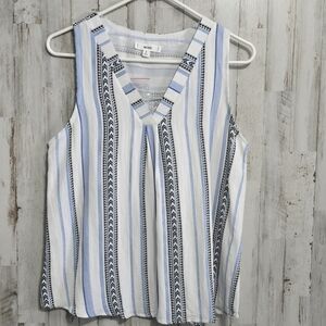 MINE Anthro Blue White Black Striped Sleeveless V Neck Button Back Shirt Small
